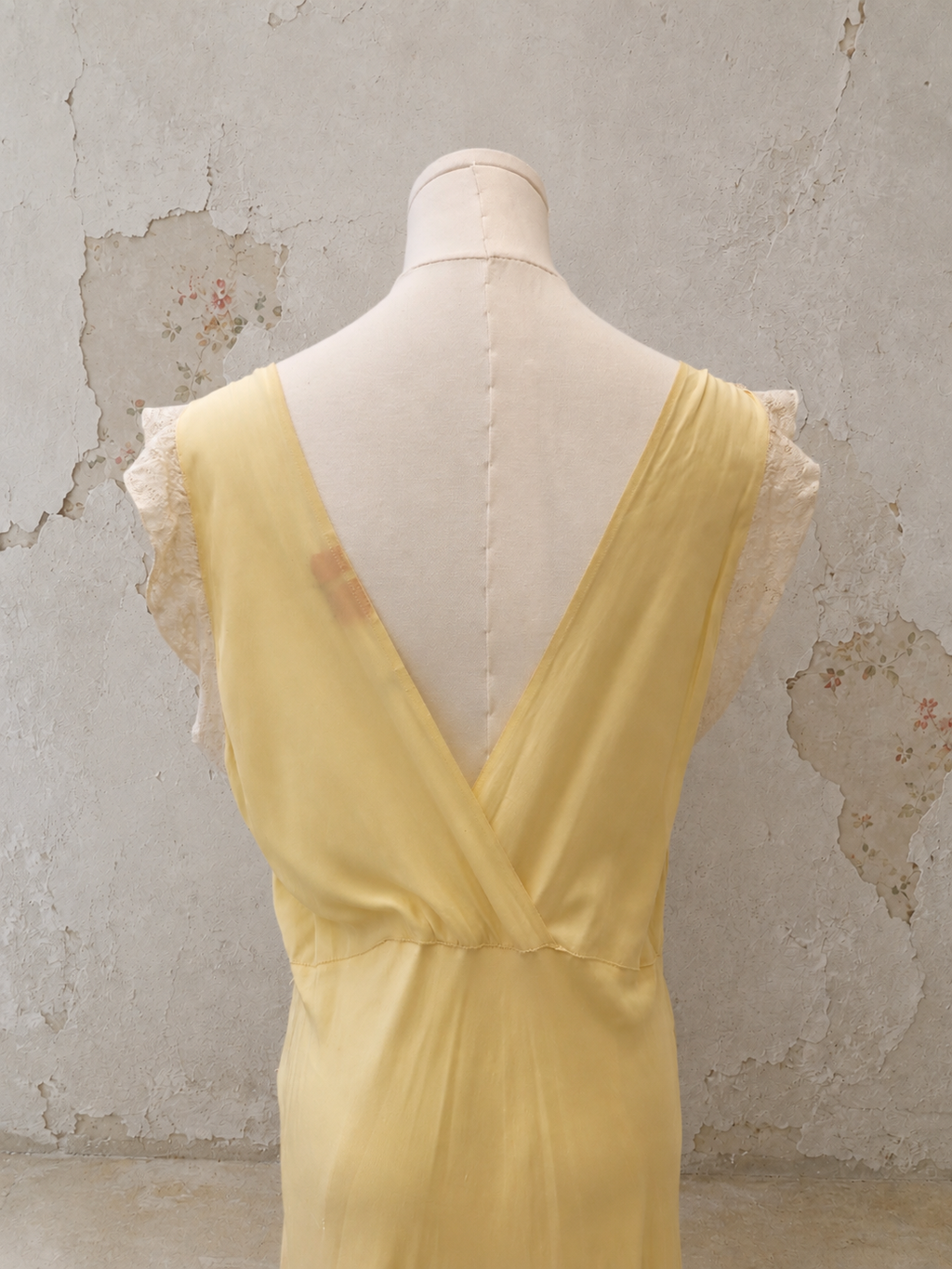 1930s Buttercream Bias-Cut Rayon Dress with Lace Ruffle Collar