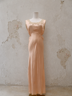 1930s Gracette Peach Bias-Cut Satin Gown with Lace Appliqué