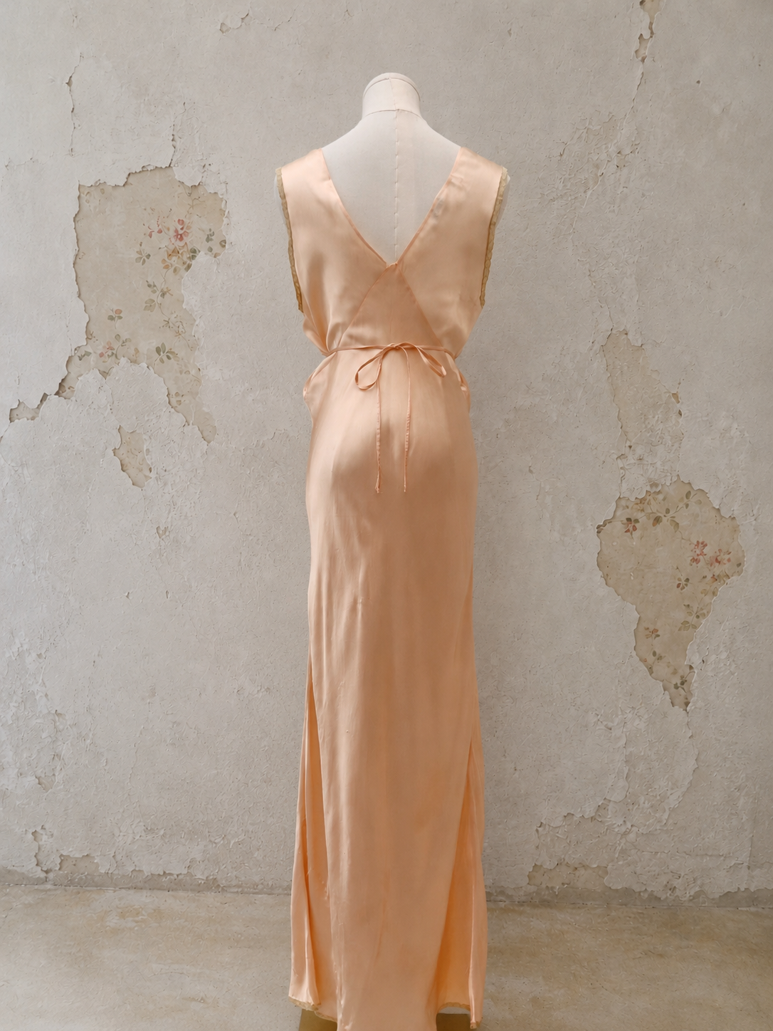 1930s Gracette Peach Bias-Cut Satin Gown with Lace Appliqué