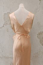 1930s Gracette Peach Bias-Cut Satin Gown with Lace Appliqué