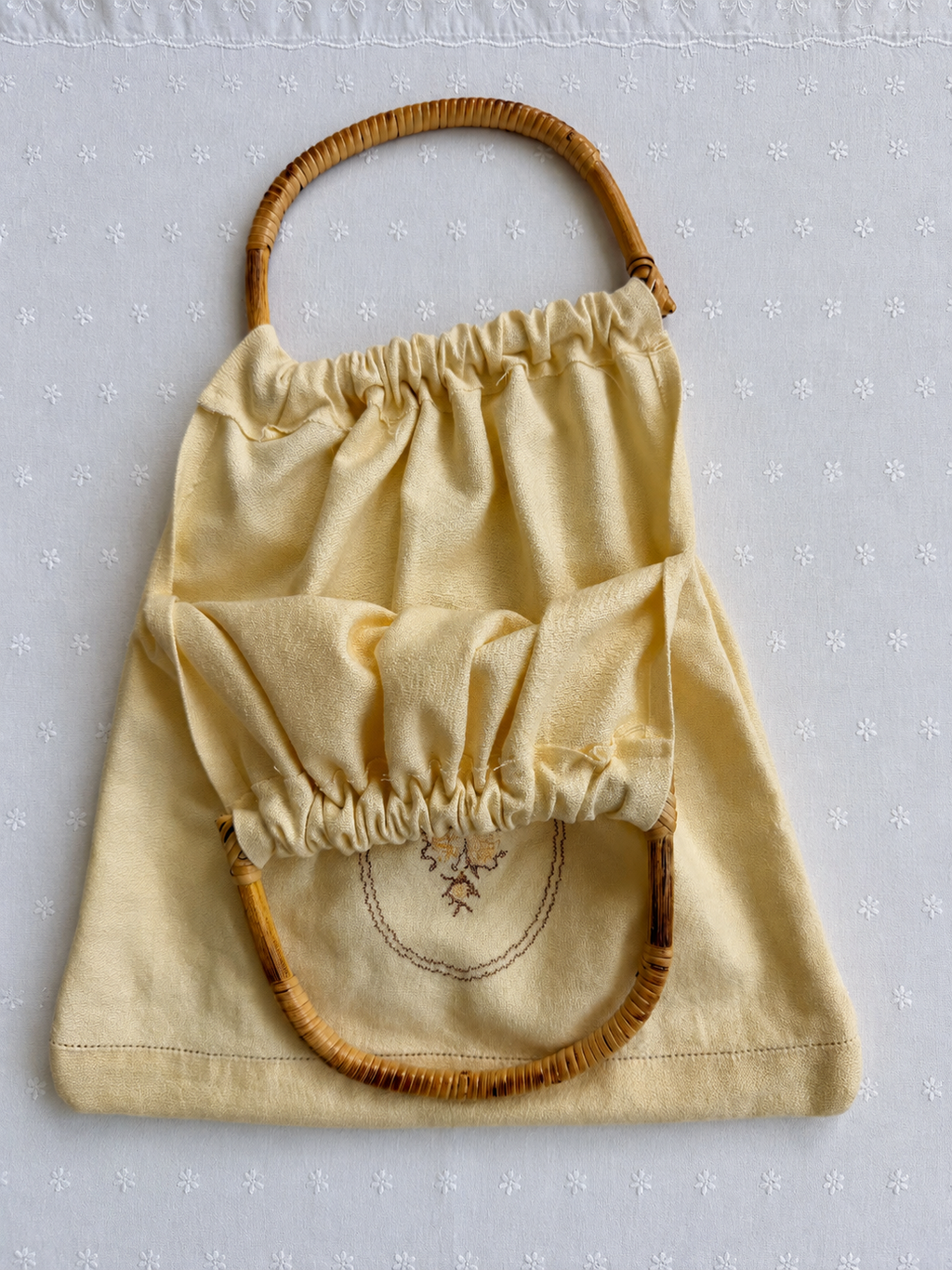 One-of-a-Kind Butter Yellow Embroidered Rose & Bamboo Handle Bag