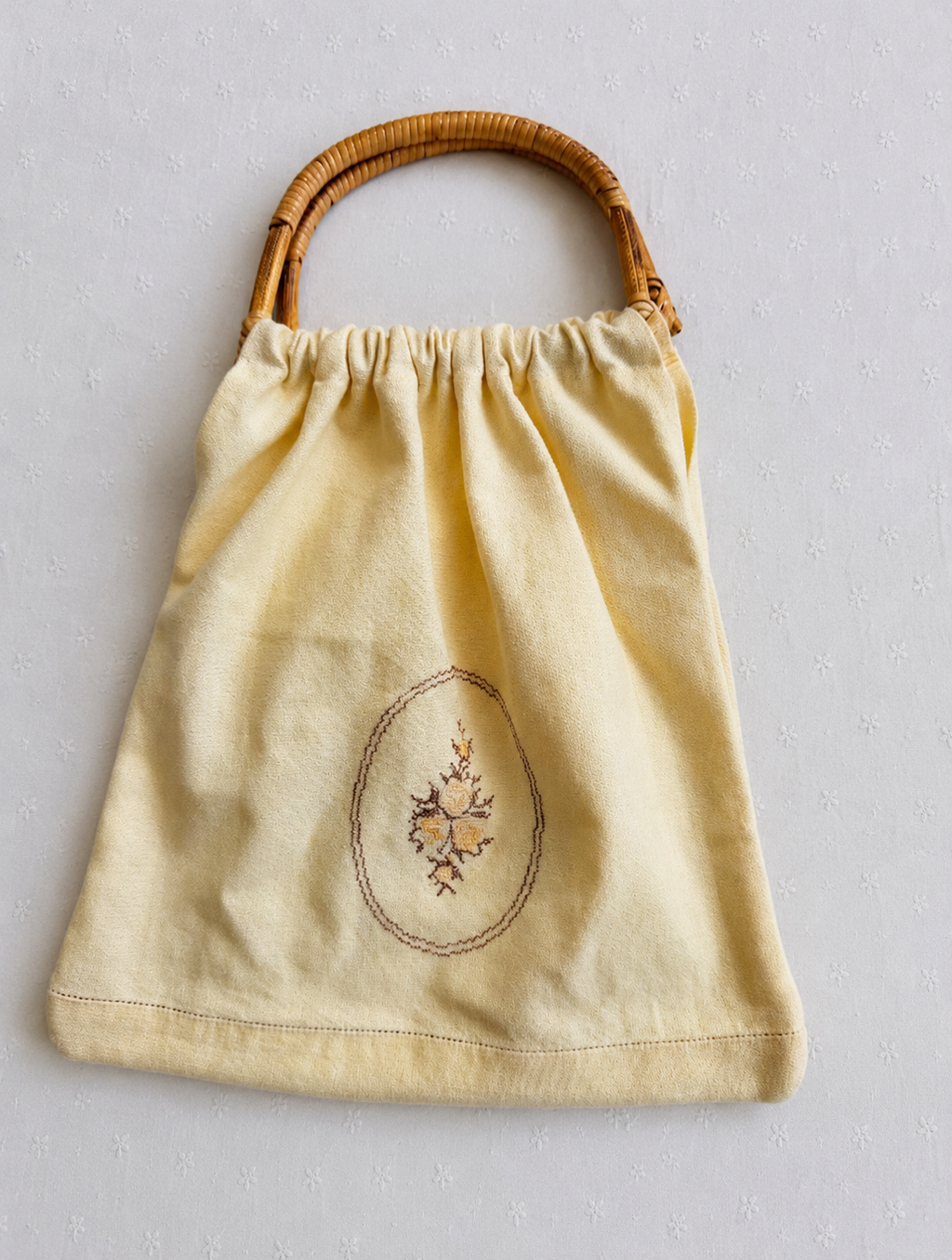 One-of-a-Kind Butter Yellow Embroidered Rose & Bamboo Handle Bag