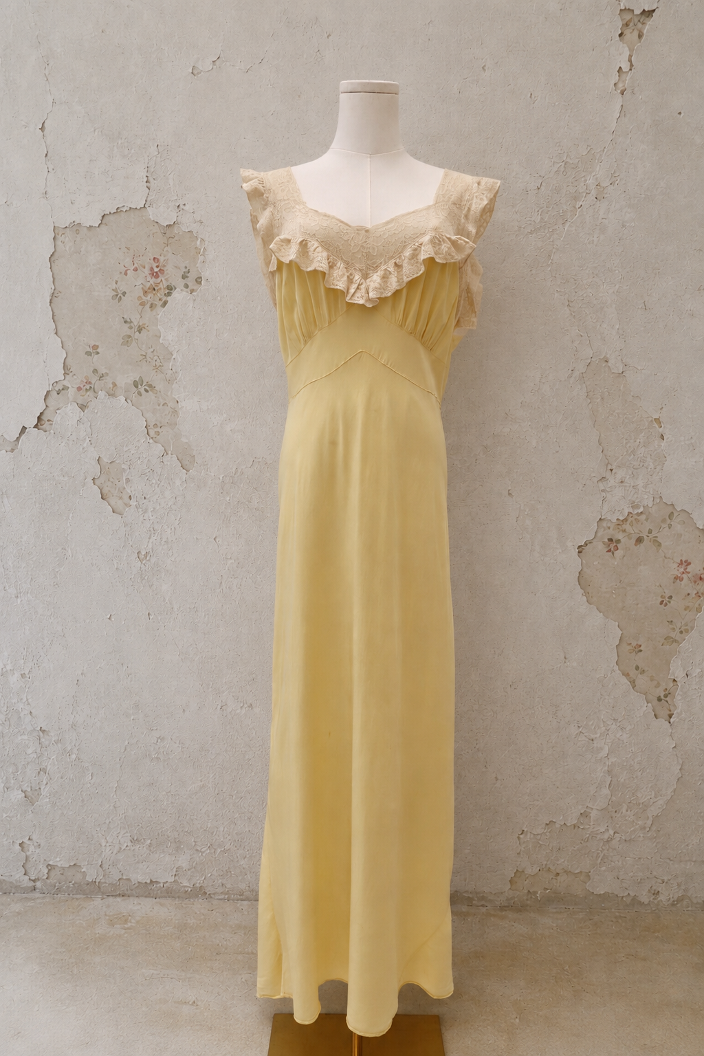 1930s Buttercream Bias-Cut Rayon Dress with Lace Ruffle Collar