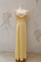 1930s Buttercream Bias-Cut Rayon Dress with Lace Ruffle Collar