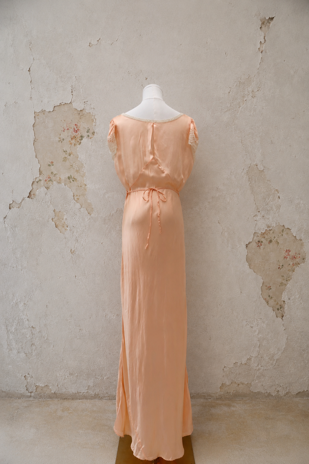 Late 1930s Peach Satin Bias-Cut Gown with Lace Sleeves