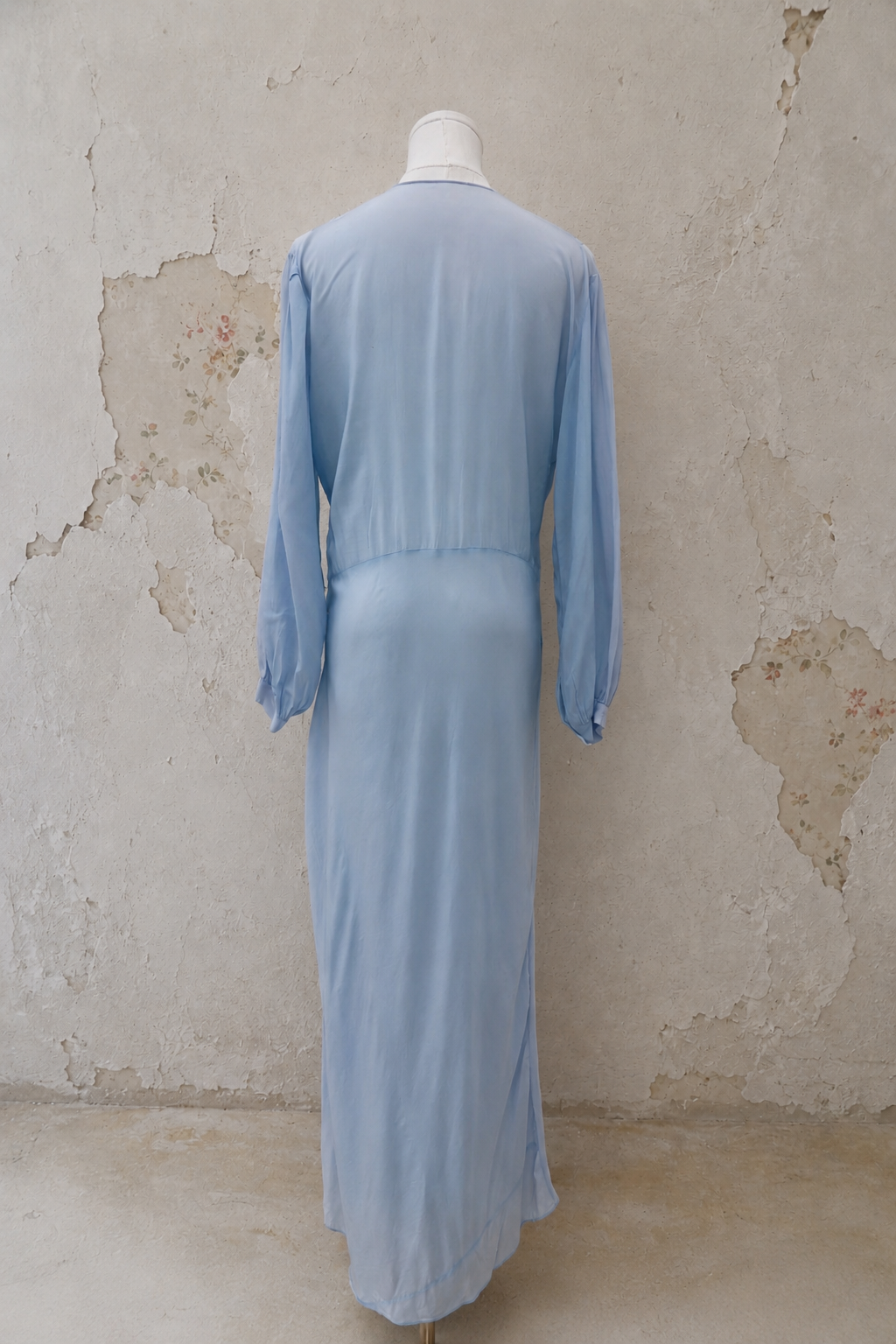 1930s Powder Blue Silk Dress with Lace Collar and Bishop Sleeves