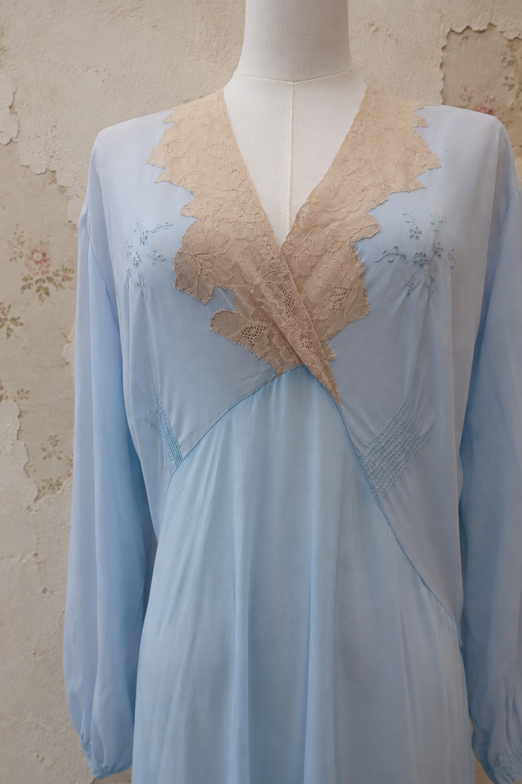 1930s Powder Blue Silk Dress with Lace Collar and Bishop Sleeves