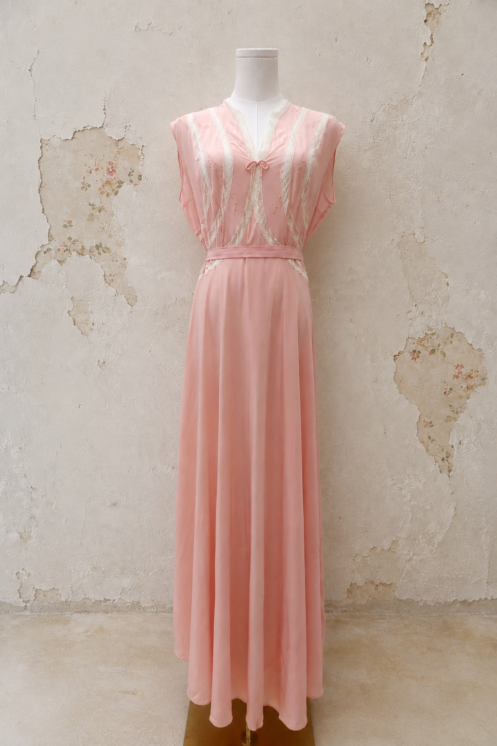 1930s Pink Rayon Gown with Lace Appliqué and Adjustable Waist