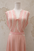 1930s Pink Rayon Gown with Lace Appliqué and Adjustable Waist