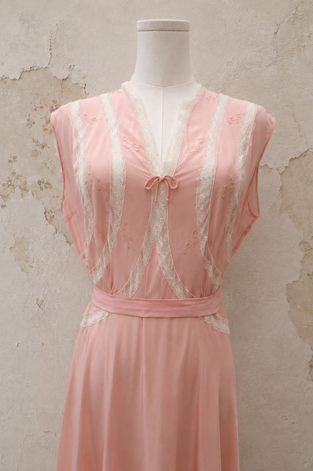 1930s Pink Rayon Gown with Lace Appliqué and Adjustable Waist