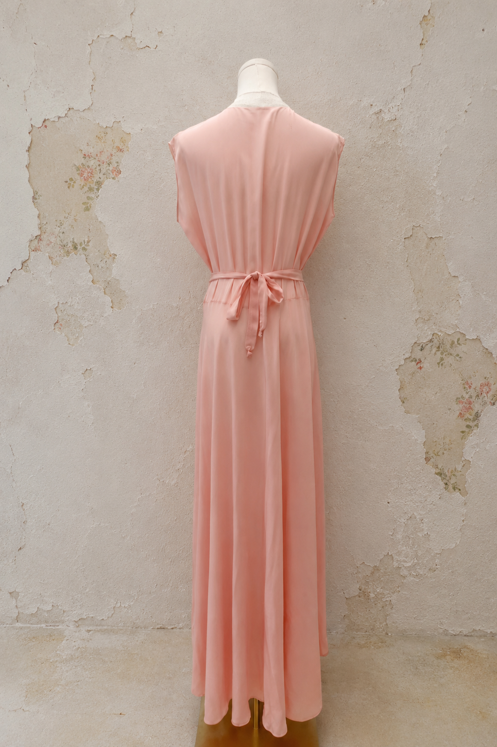 1930s Pink Rayon Gown with Lace Appliqué and Adjustable Waist