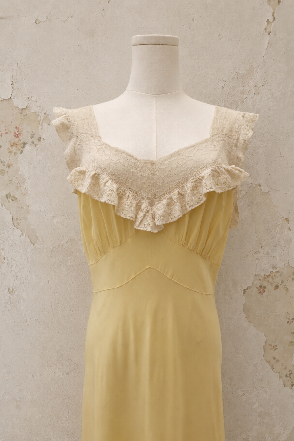 1930s Buttercream Bias-Cut Rayon Dress with Lace Ruffle Collar