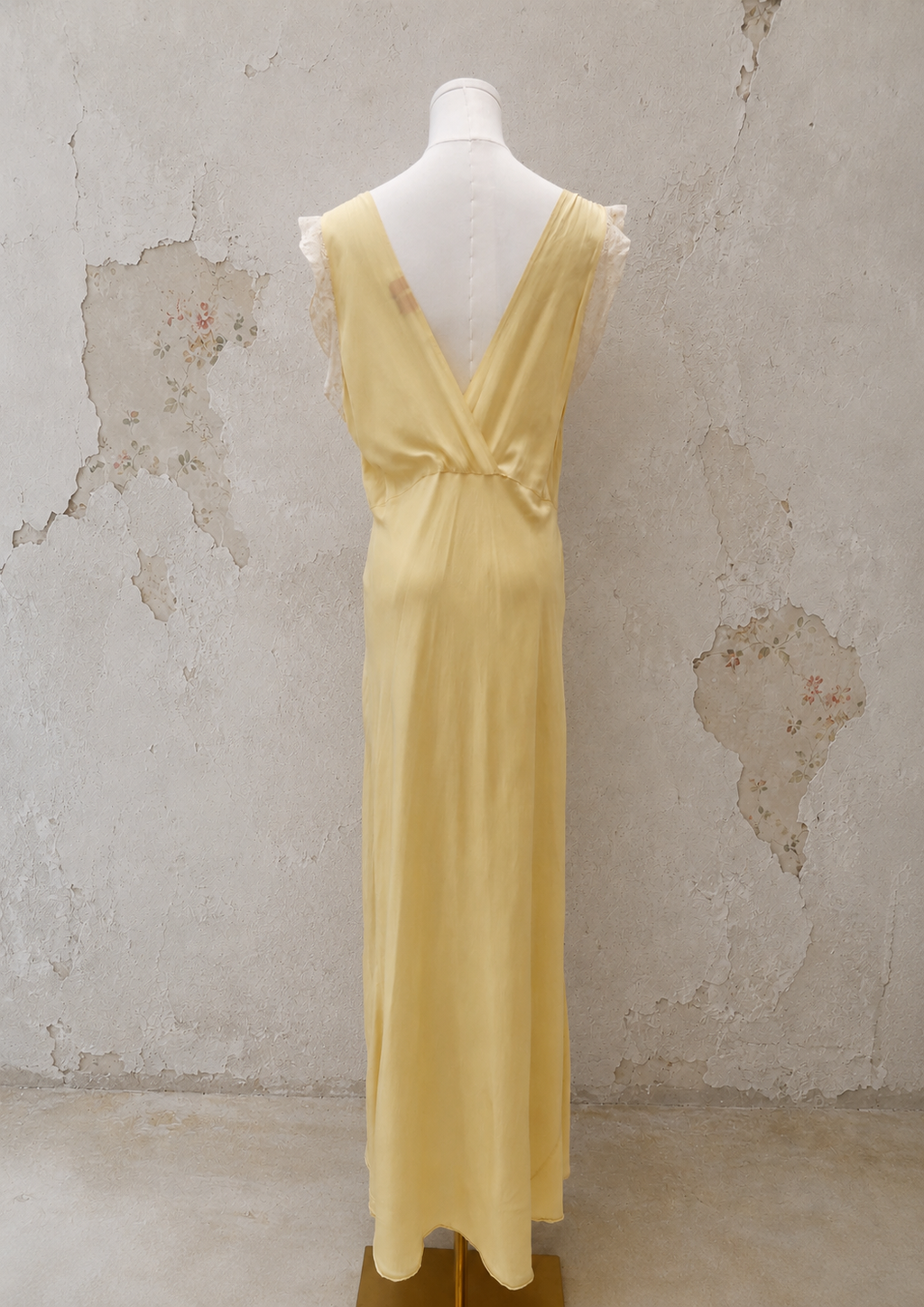 1930s Buttercream Bias-Cut Rayon Dress with Lace Ruffle Collar
