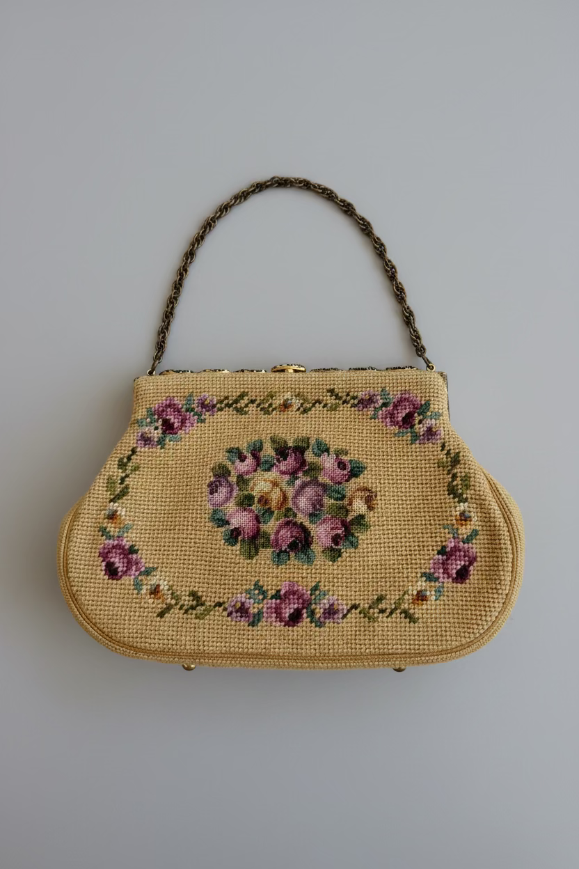 1950s Golden Beige Floral Needlepoint Evening Purse