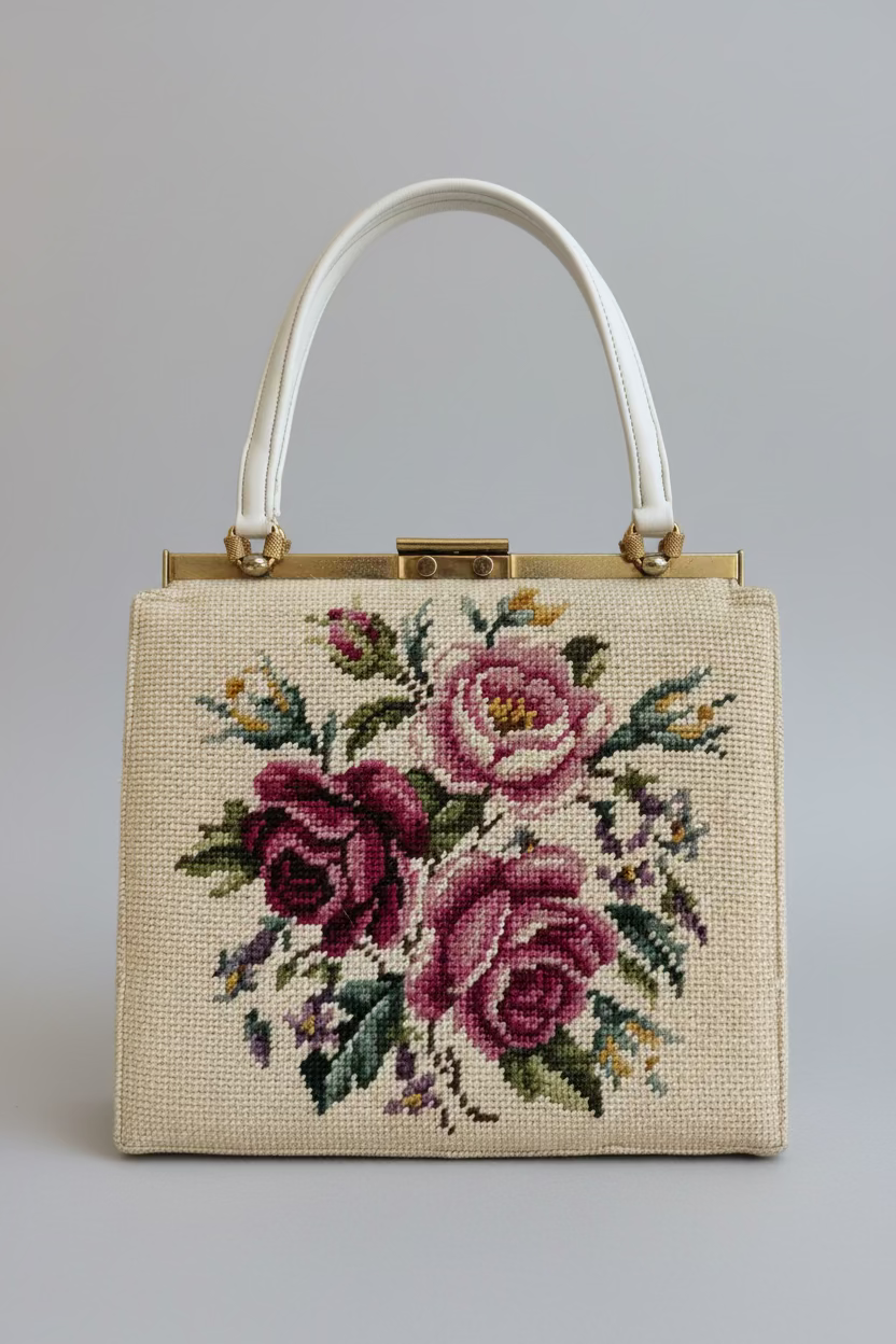 1950s Ivory Floral Needlepoint Top-Handle Purse