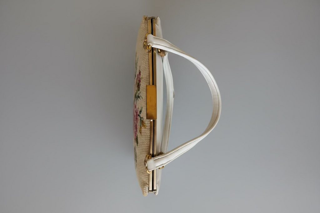 1950s Ivory Floral Needlepoint Top-Handle Purse