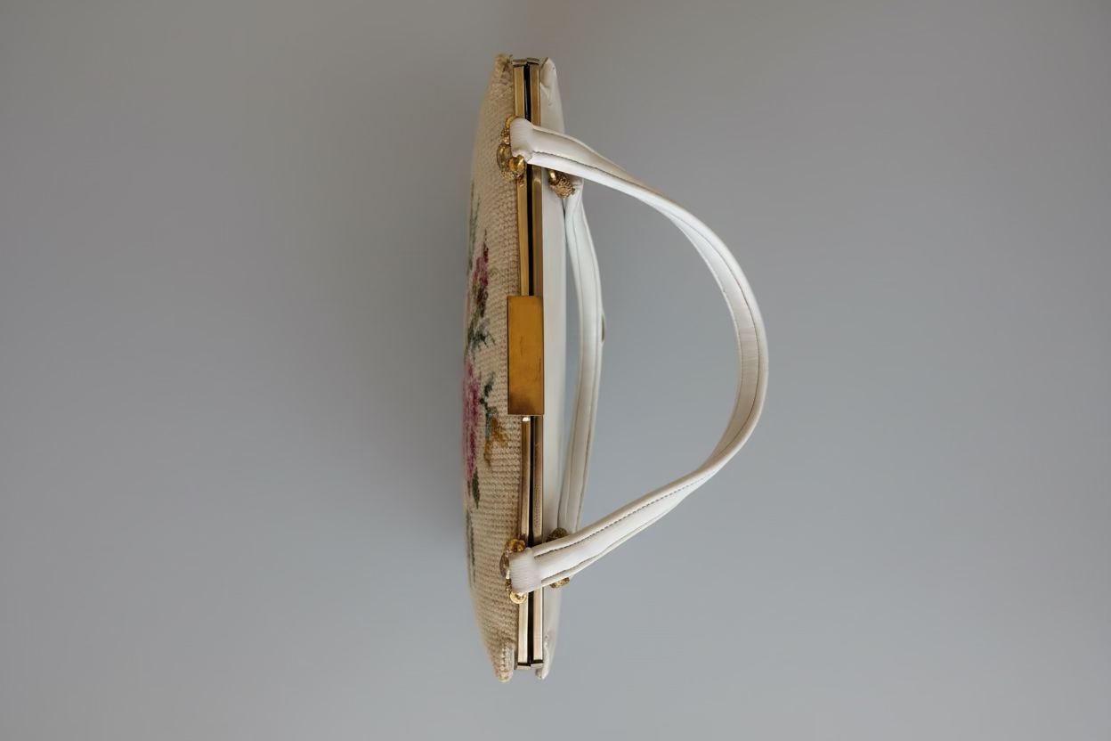 1950s Ivory Floral Needlepoint Top-Handle Purse