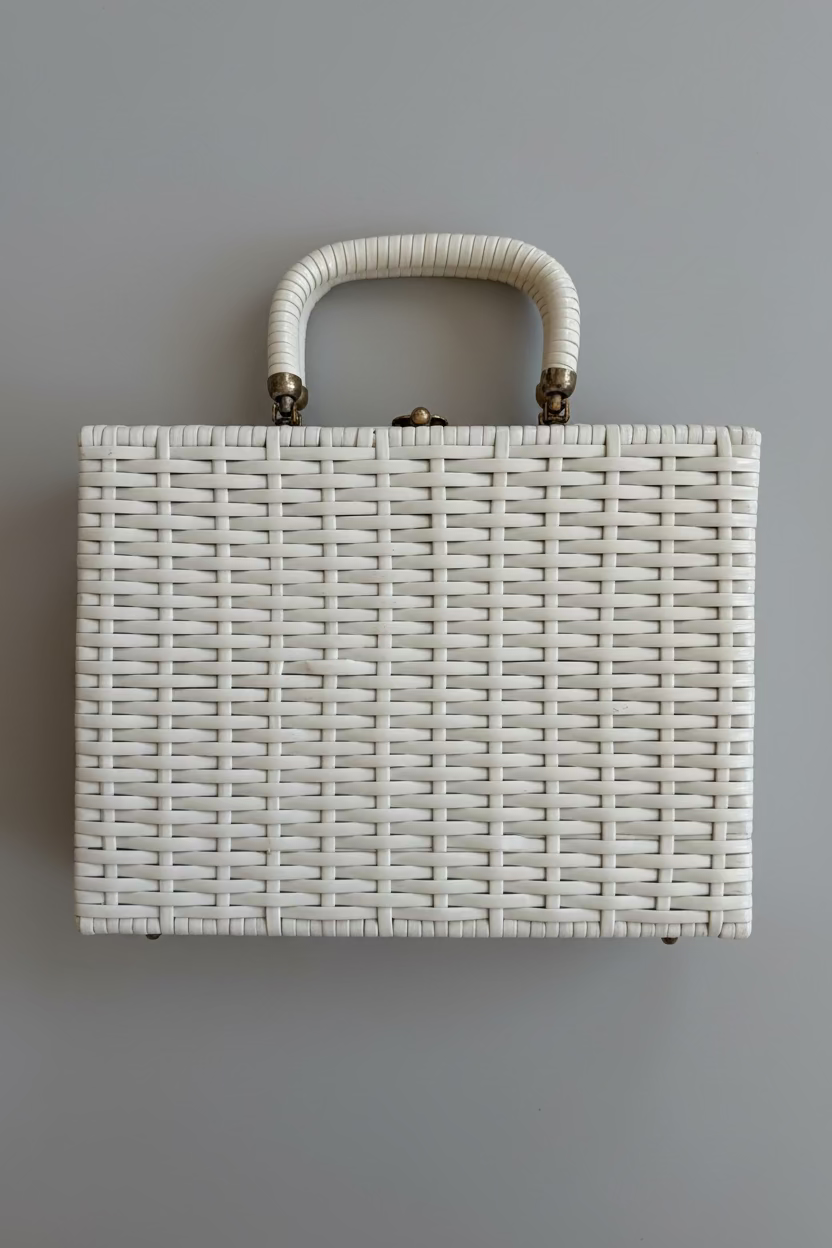 1950s Sunflower Needlepoint & White Wicker Top-Handle Purse