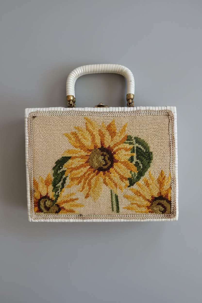 1950s Sunflower Needlepoint & White Wicker Top-Handle Purse