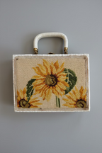 1950s Sunflower Needlepoint & White Wicker Top-Handle Purse