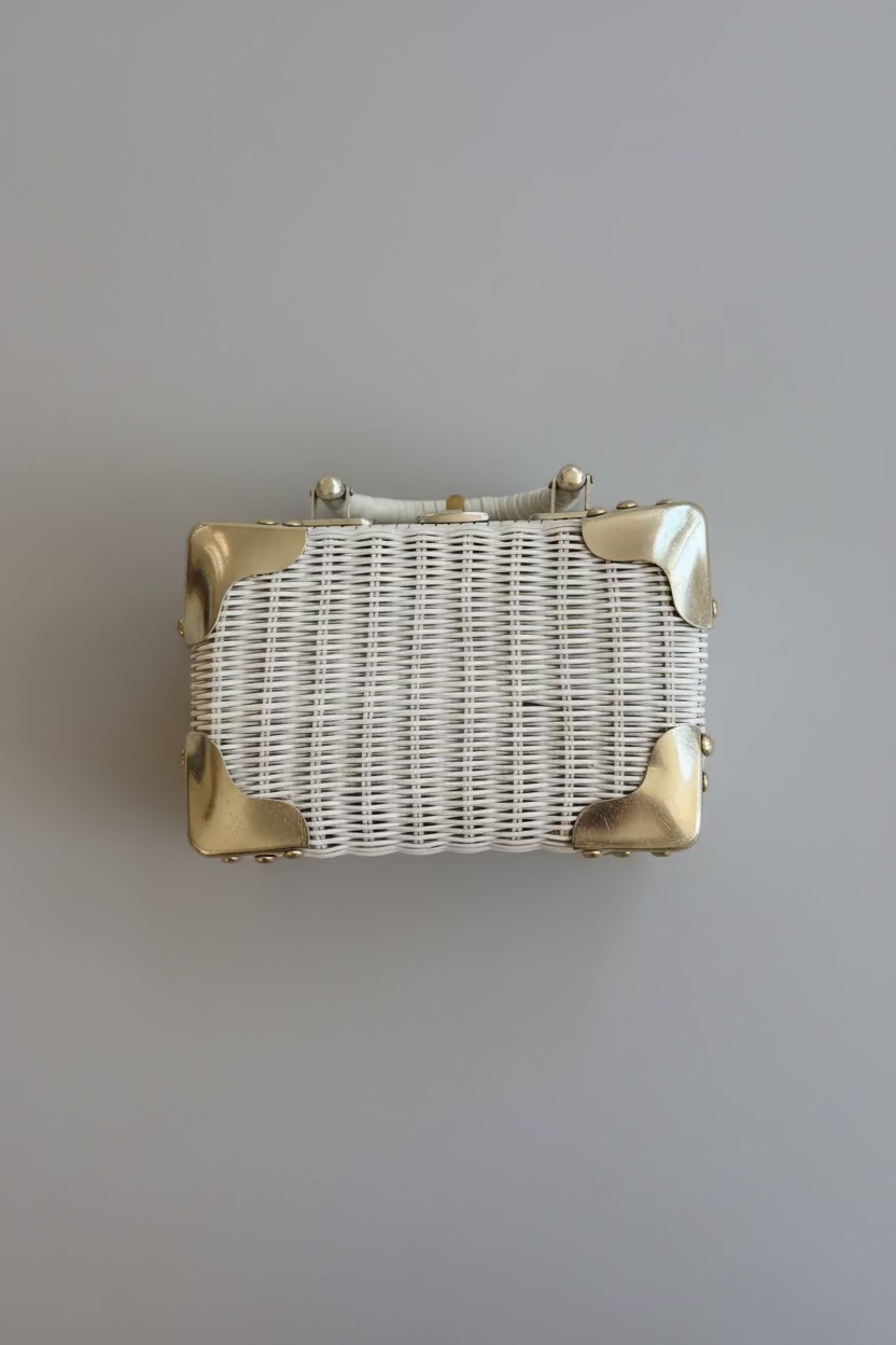 1950s White Wicker Box Handbag with Gold-Tone Corner Hardware