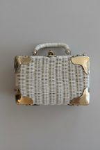 1950s White Wicker Box Handbag with Gold-Tone Corner Hardware