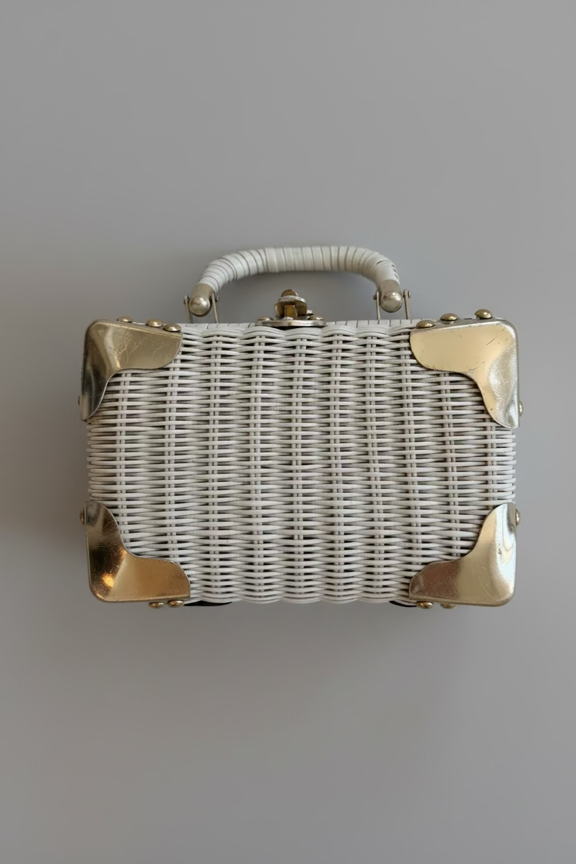1950s White Wicker Box Handbag with Gold-Tone Corner Hardware