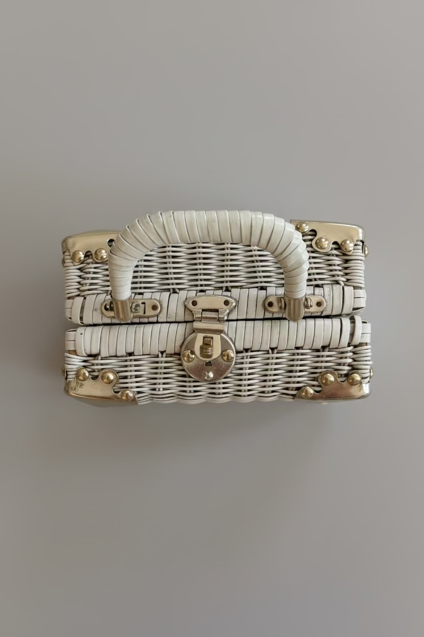1950s White Wicker Box Handbag with Gold-Tone Corner Hardware
