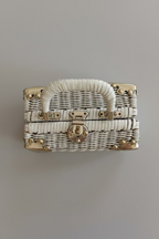 1950s White Wicker Box Handbag with Gold-Tone Corner Hardware