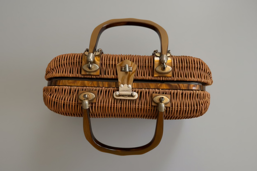 1950s Stylecraft Wicker Box Handbag with Lucite Handles