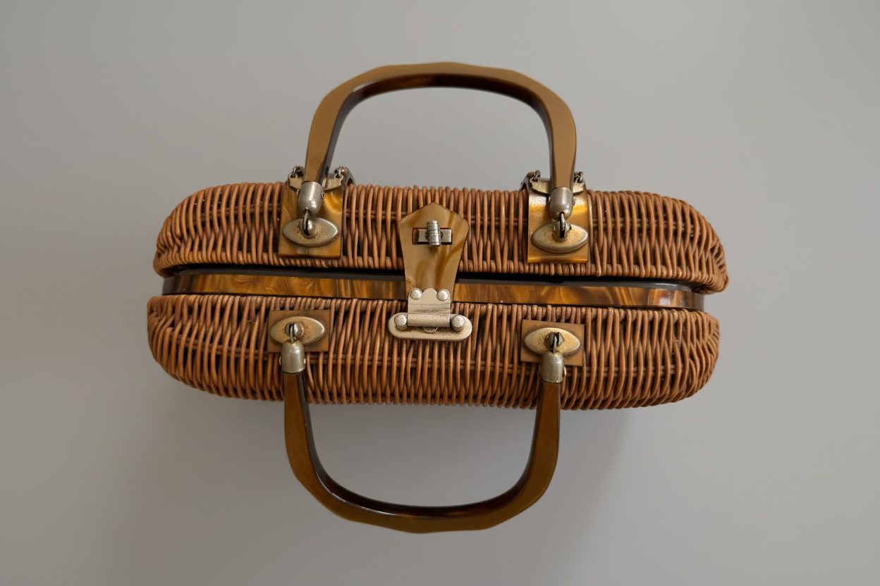 1950s Stylecraft Wicker Box Handbag with Lucite Handles