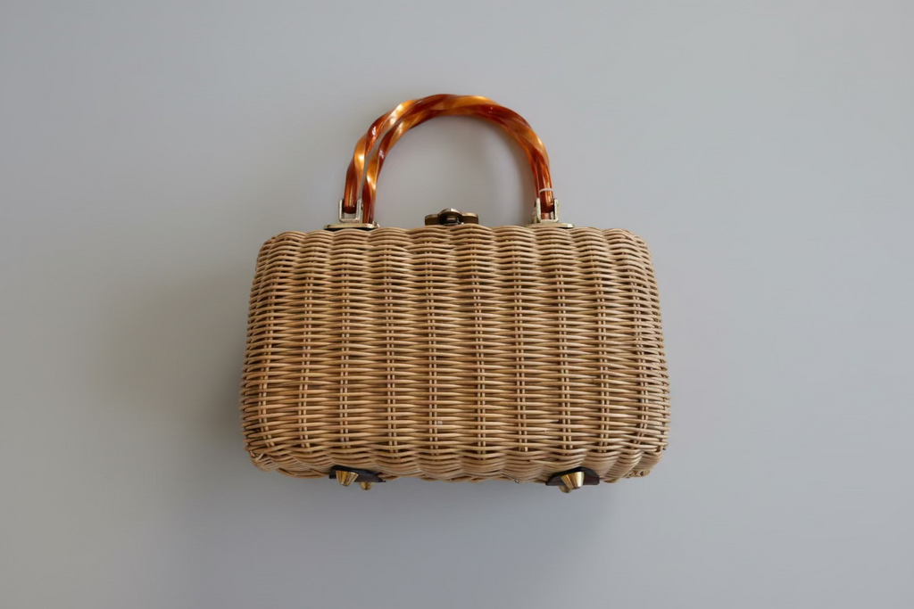 1950s Bayne Taylor Wicker Box Handbag with Lucite Handles