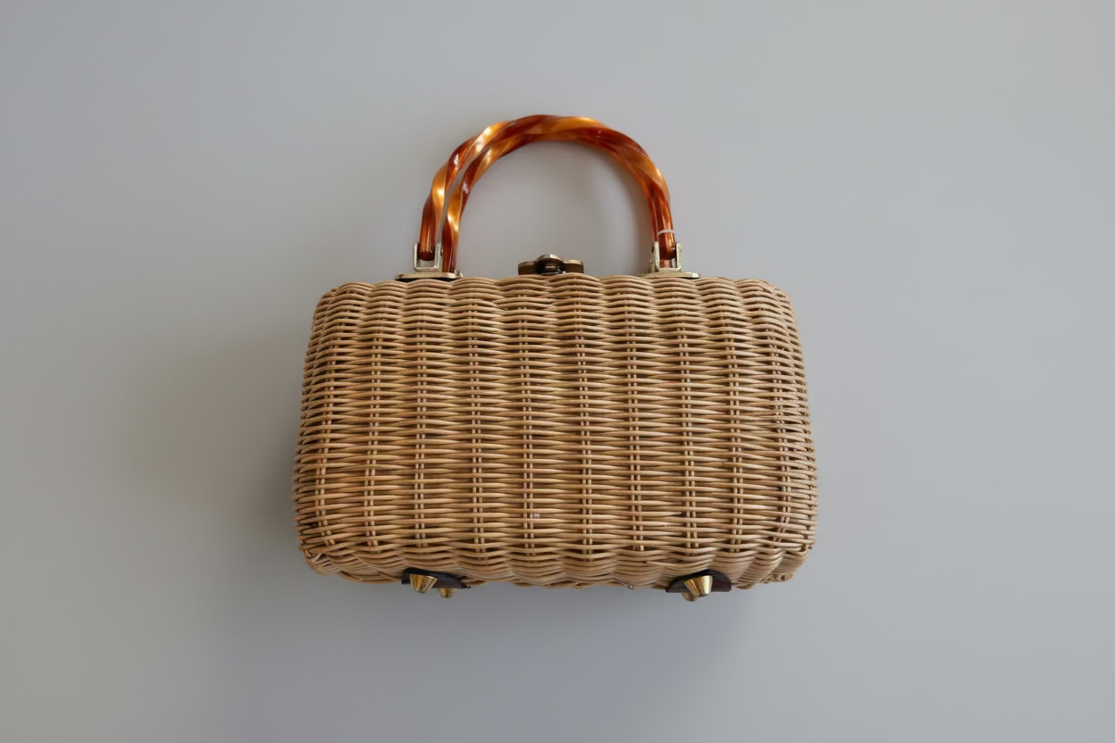 1950s Bayne Taylor Wicker Box Handbag with Lucite Handles