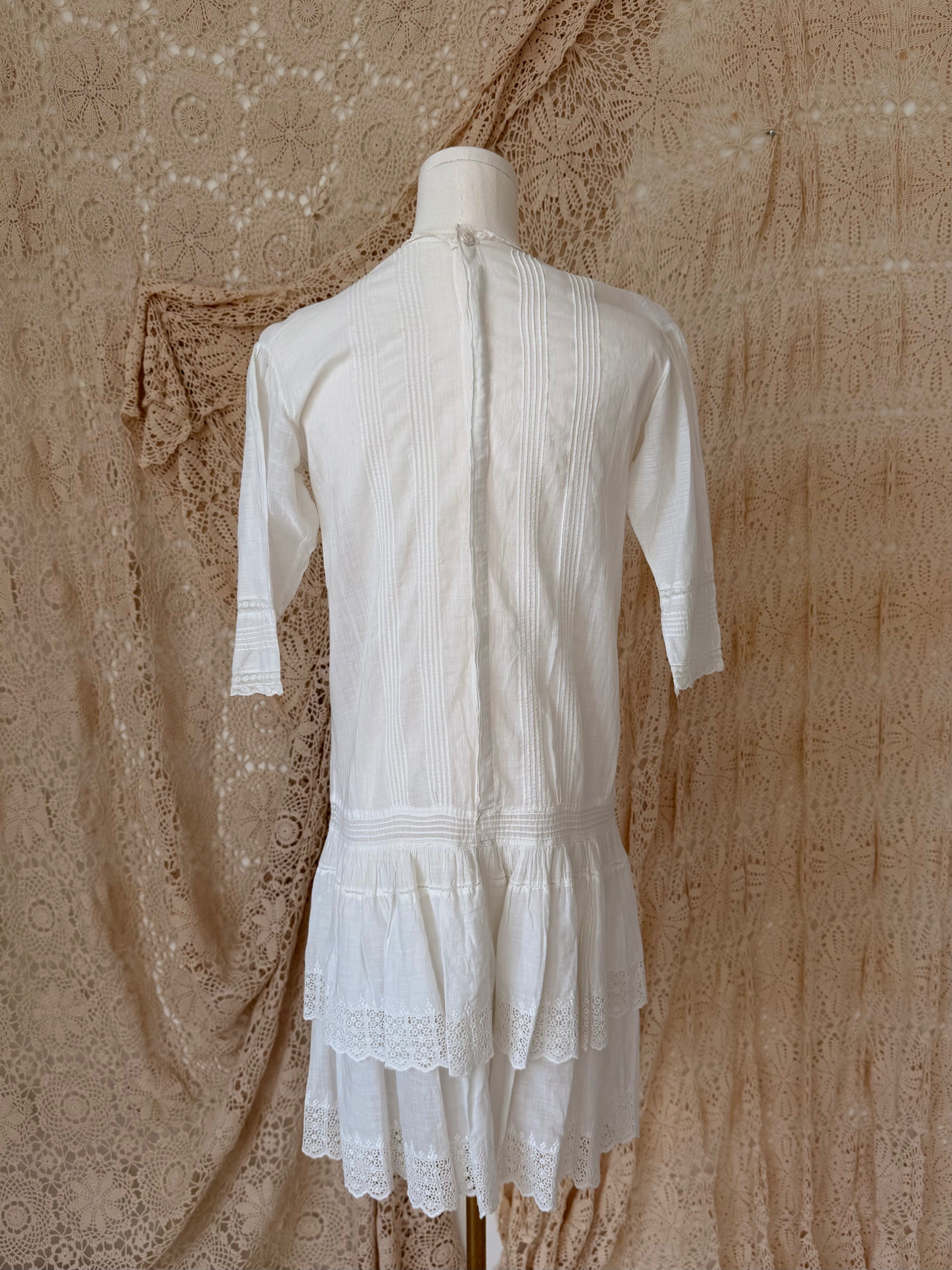 1910s Cotton Lace Lawn Drop Waist Dress