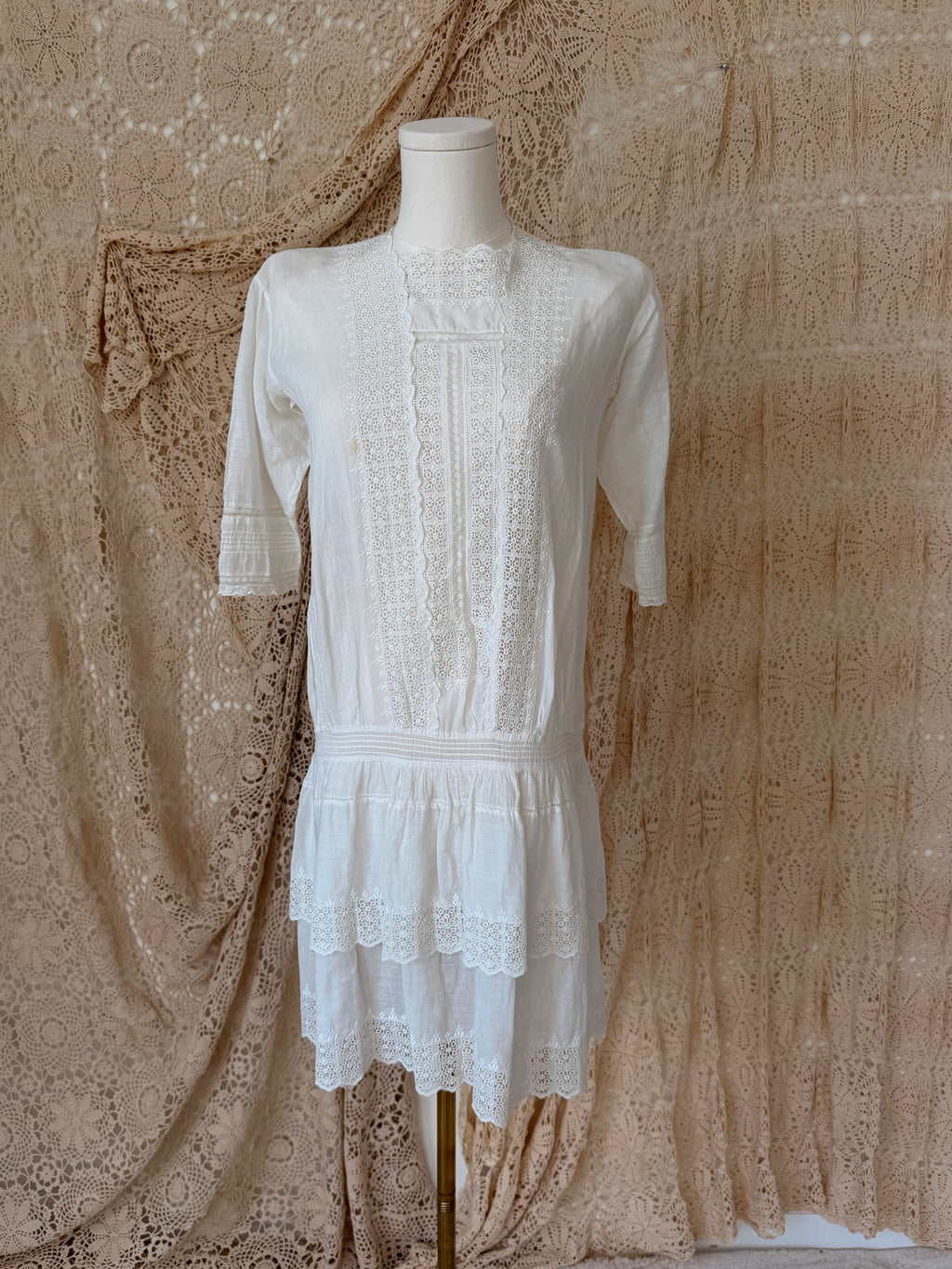 1910s Cotton Lace Lawn Drop Waist Dress
