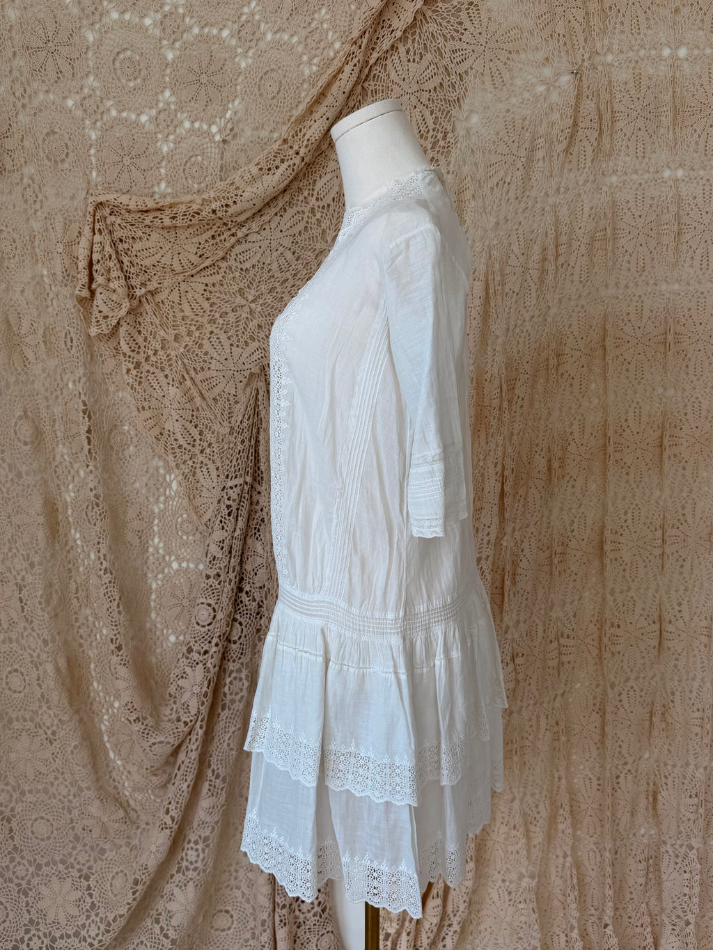1910s Cotton Lace Lawn Drop Waist Dress