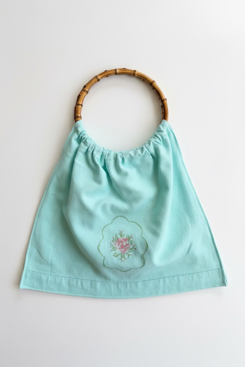 One-of-a-Kind Aqua Embroidered Rose & Bamboo Handle Bag