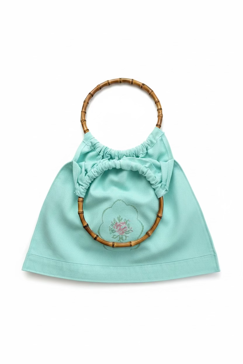 One-of-a-Kind Aqua Embroidered Rose & Bamboo Handle Bag