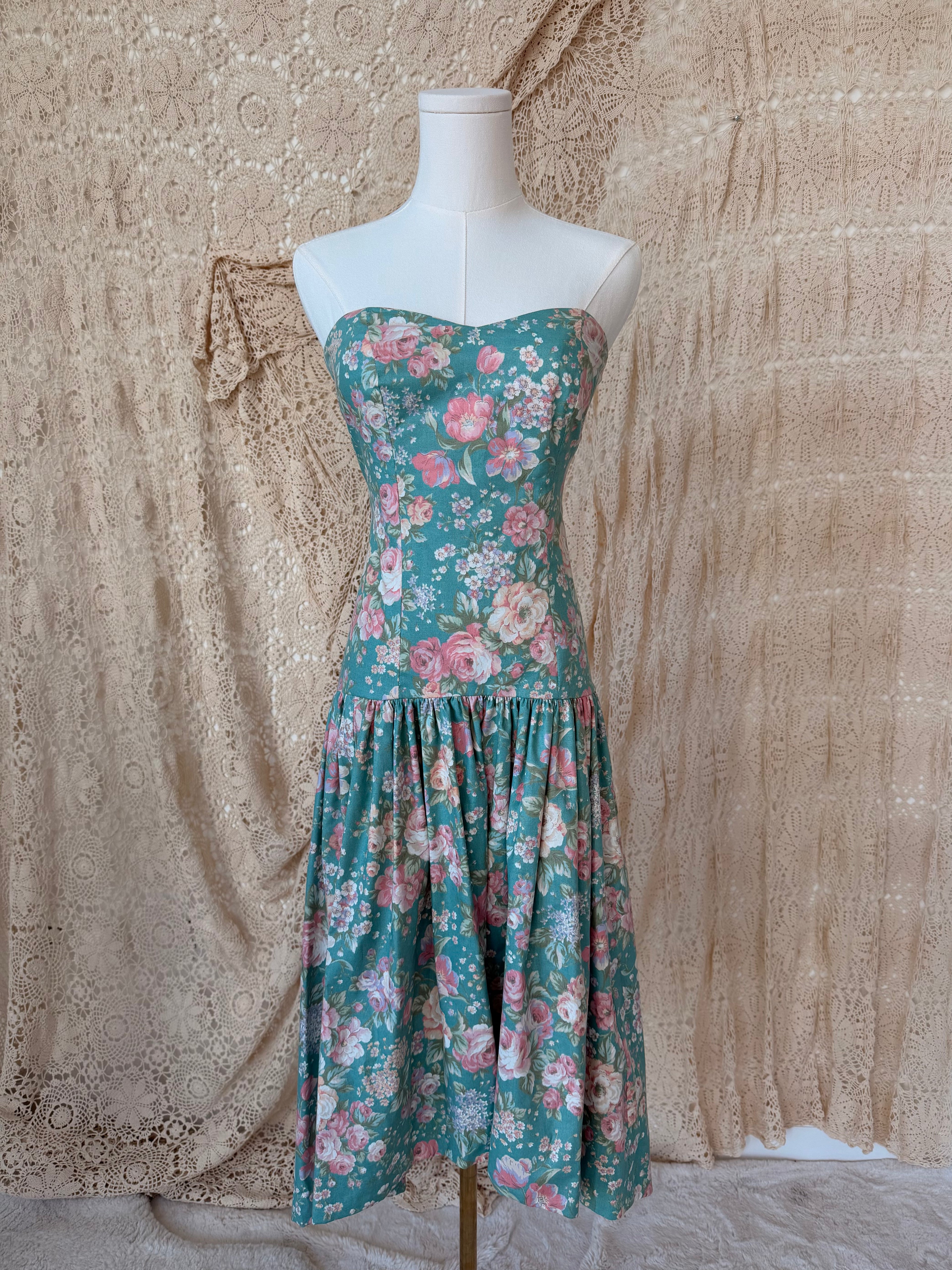 Vintage Aqua Floral Corset Bow-Back Dress