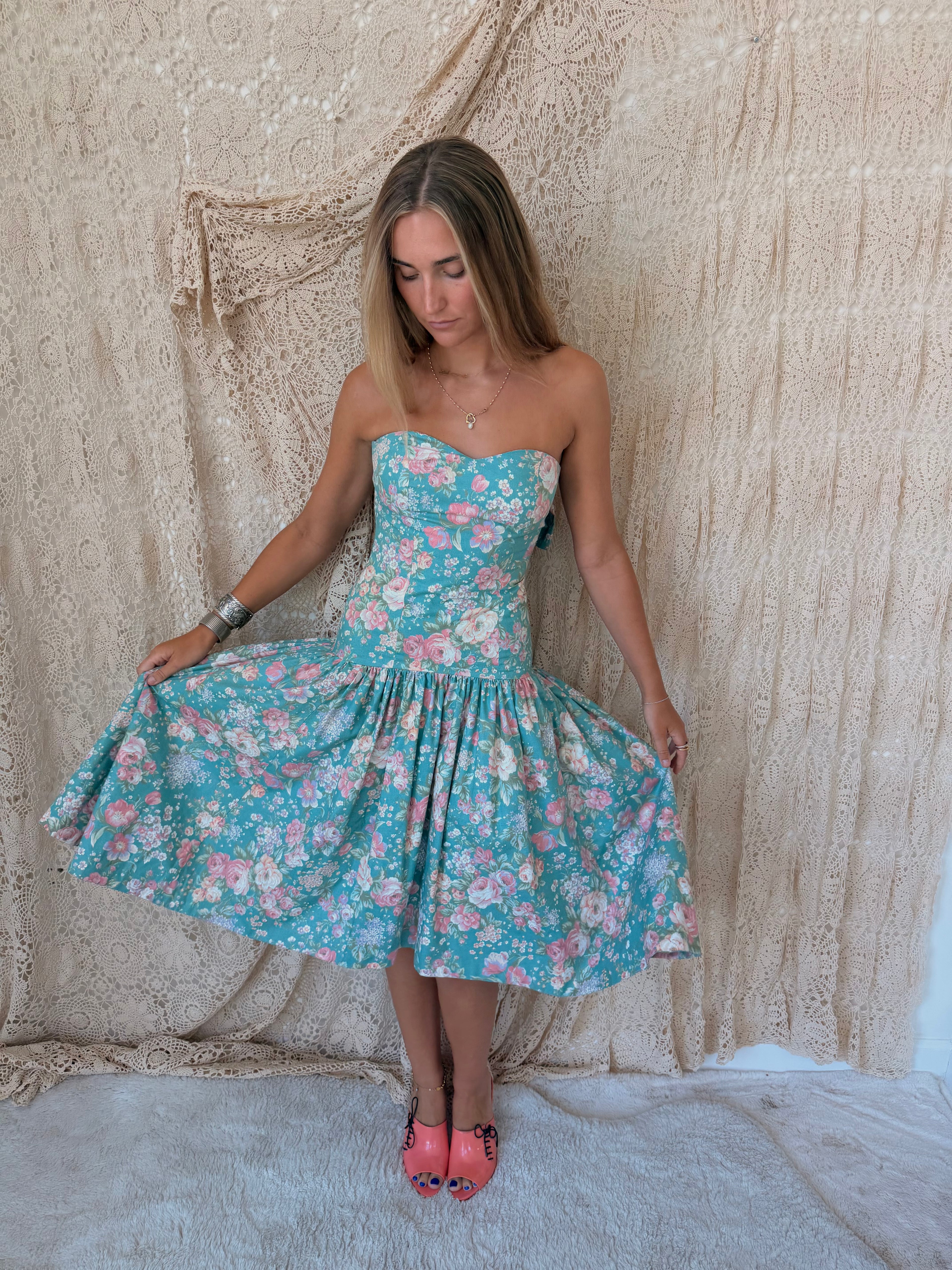 Vintage Aqua Floral Corset Bow-Back Dress