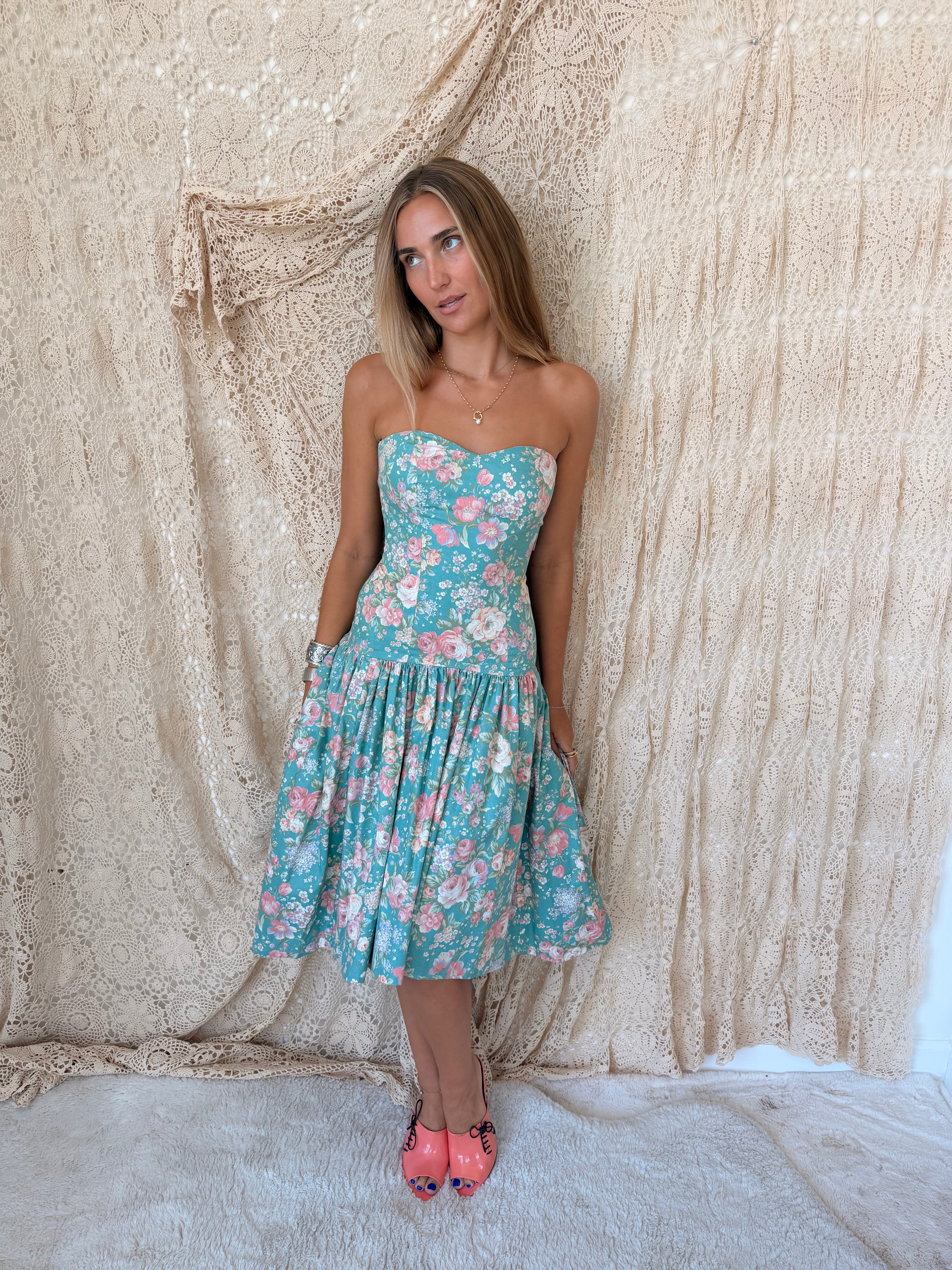 Vintage Aqua Floral Corset Bow-Back Dress