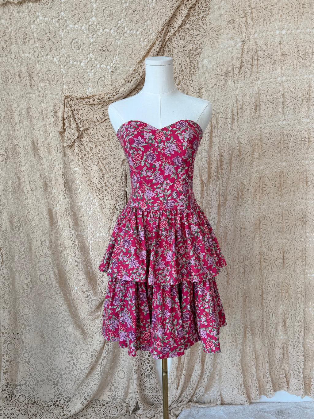 Vintage Laura Ashley Pink Floral Strapless Tiered Dress
