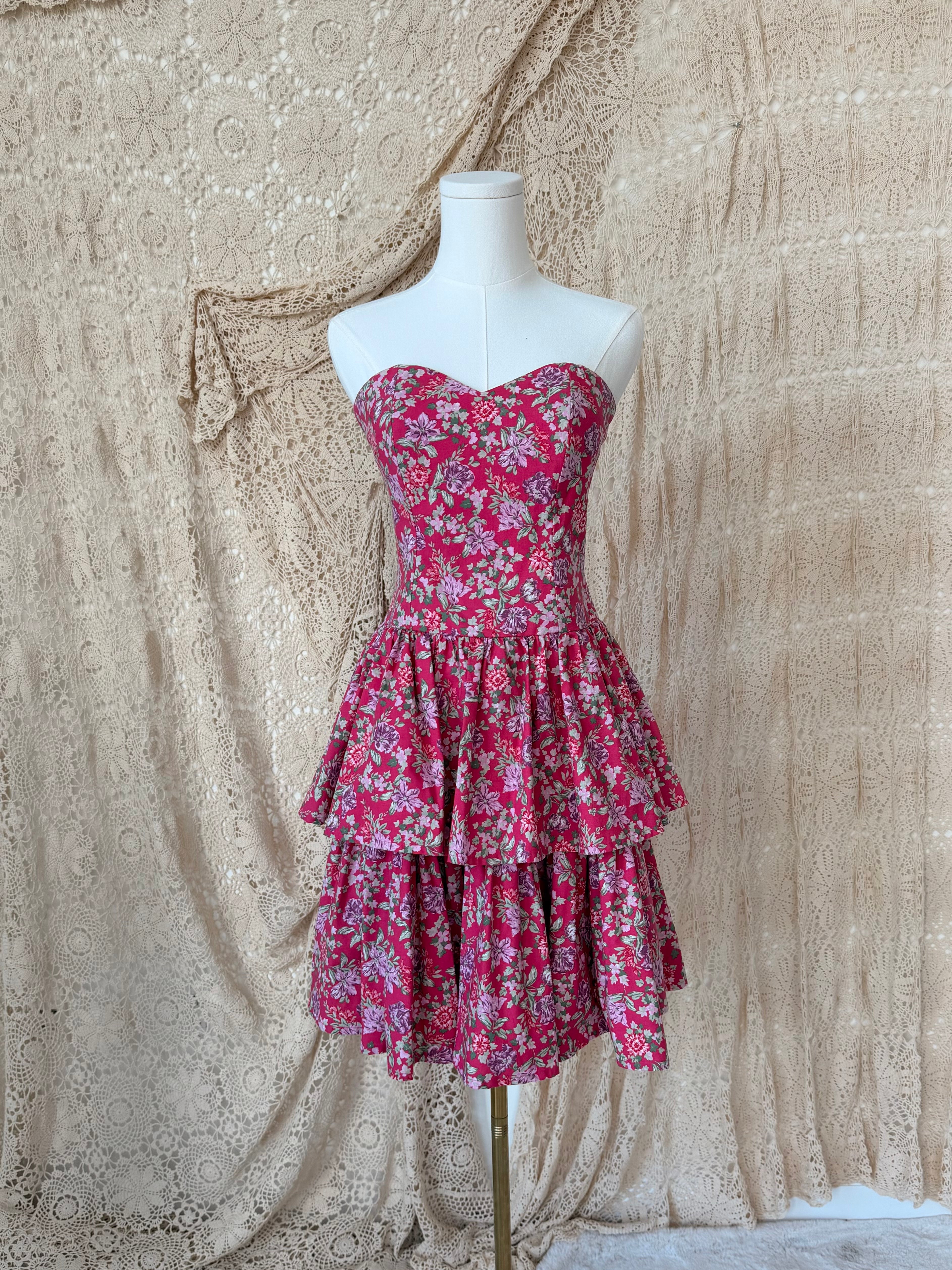 Vintage Laura Ashley Pink Floral Strapless Tiered Dress