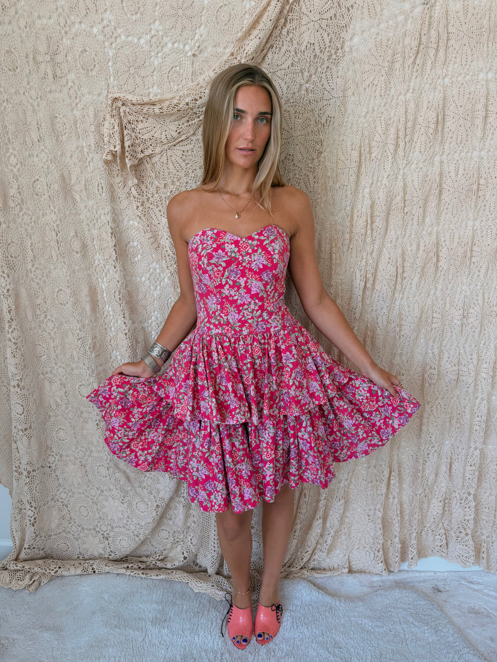 Vintage Laura Ashley Pink Floral Strapless Tiered Dress
