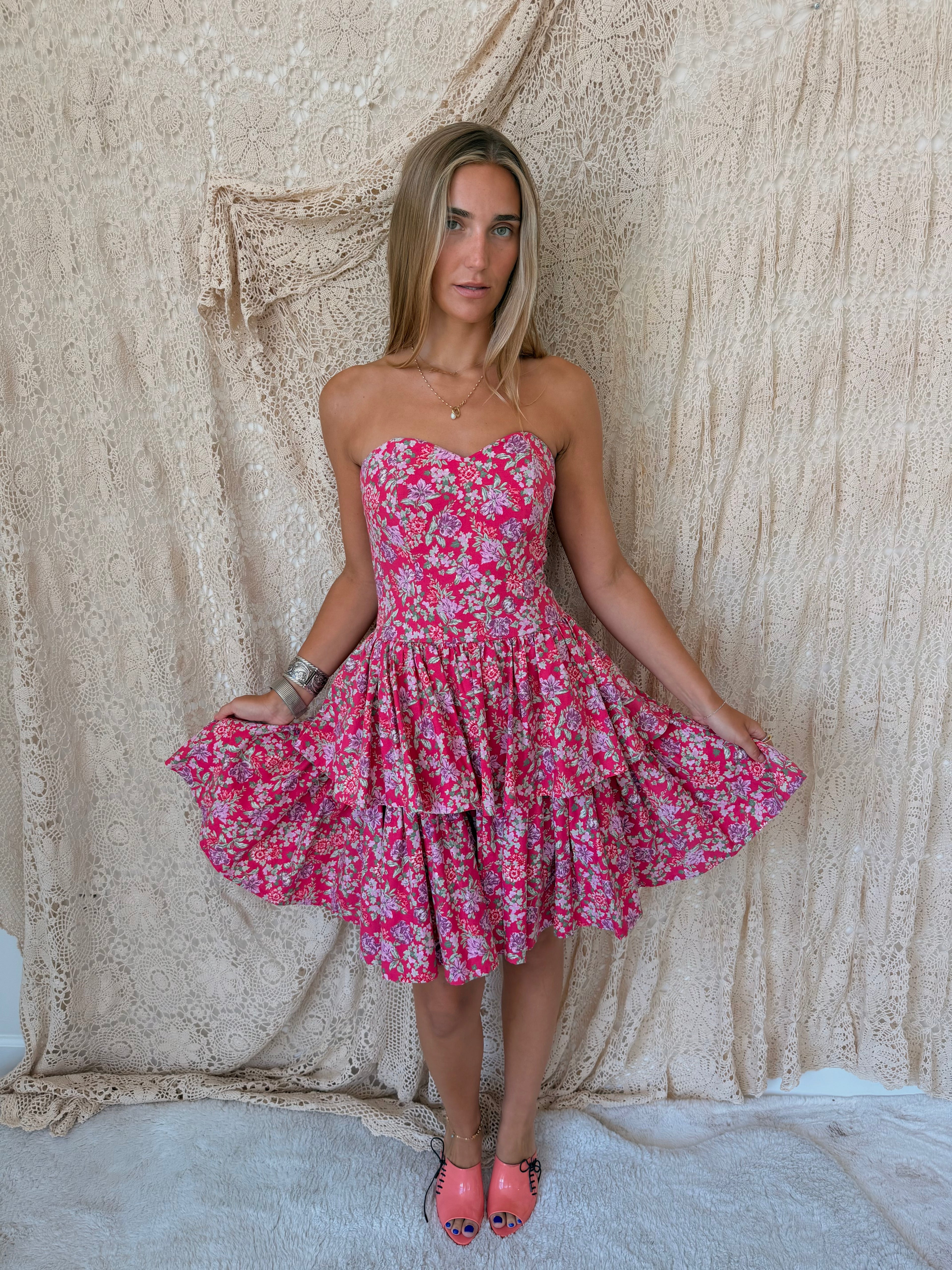 Vintage Laura Ashley Pink Floral Strapless Tiered Dress