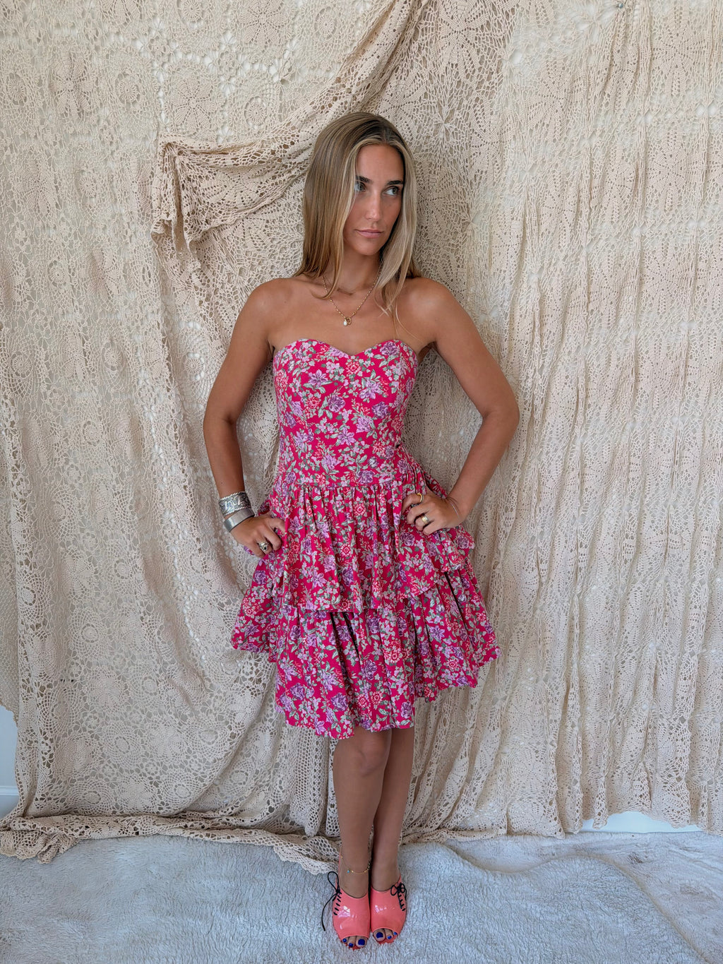 Vintage Laura Ashley Pink Floral Strapless Tiered Dress