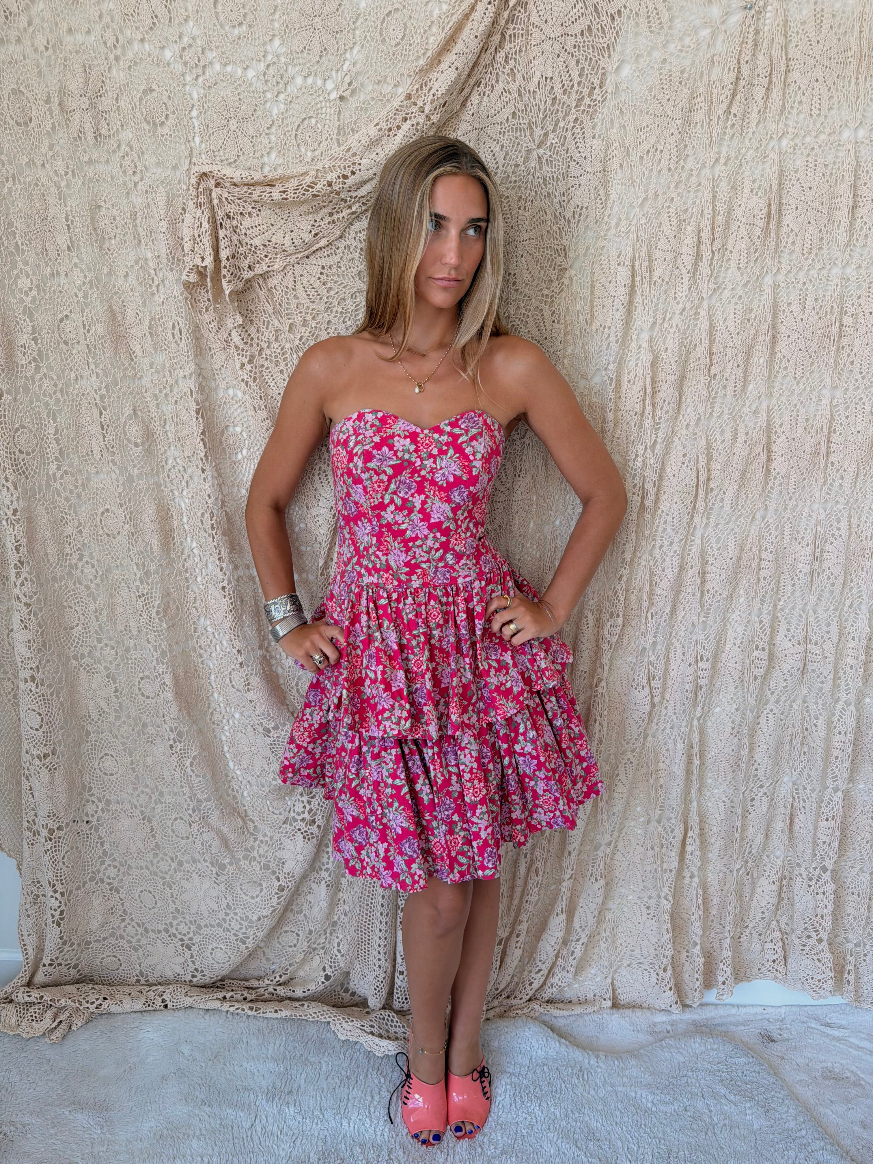 Vintage Laura Ashley Pink Floral Strapless Tiered Dress