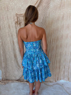Vintage Laura Ashley Blue & Purple Floral Strapless Tiered Dress