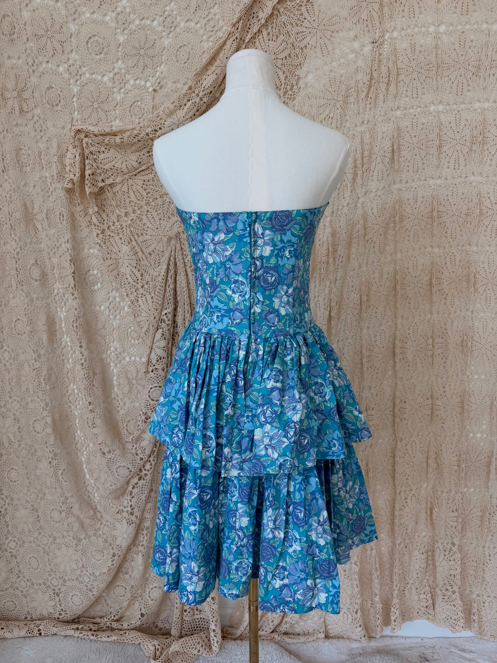 Vintage Laura Ashley Blue & Purple Floral Strapless Tiered Dress