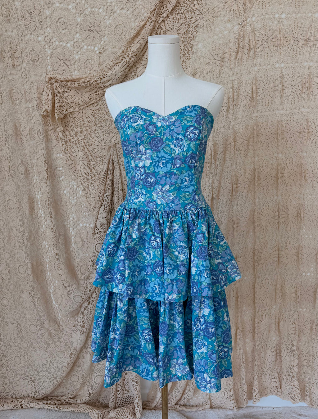 Vintage Laura Ashley Blue & Purple Floral Strapless Tiered Dress